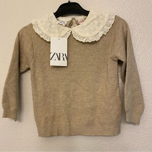 Zara crew neck tan Sweater embroidered lace collar child girls 4-5 NEW